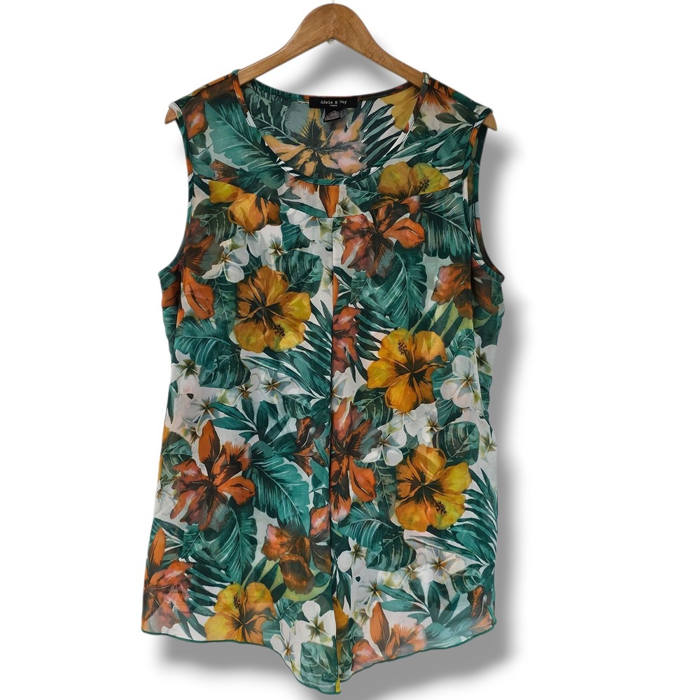 Adele & May Top 1X Womens Green Tropical Floral‎ Split Front Sheer Layer Cruise
